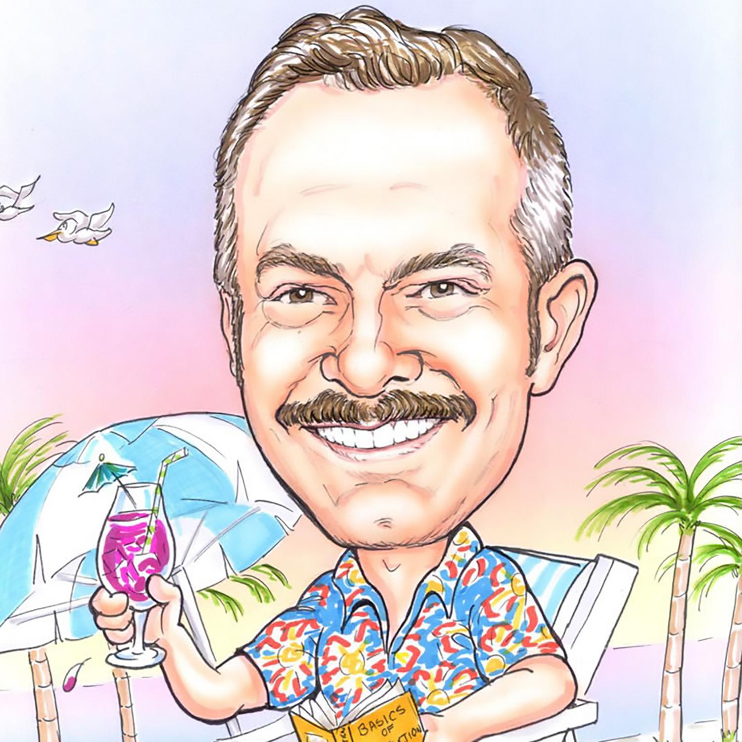 Caricature of Matt Dudley wearing a large mustache and a smile, with a pink beverage and a book in hand, lounging on the beach.