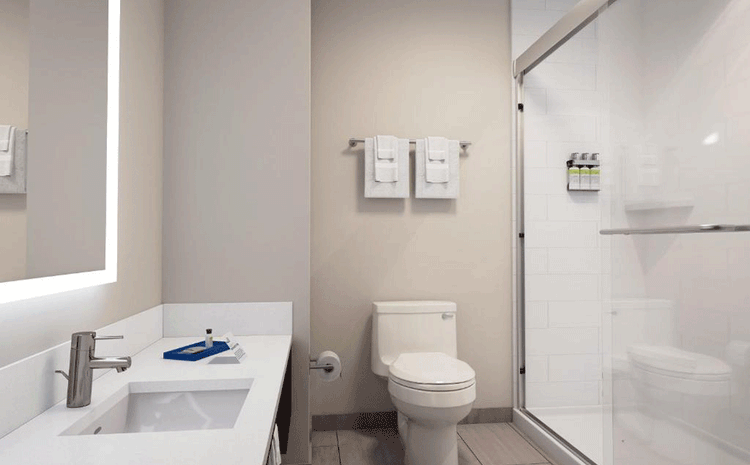 Guest room bathroom inside the Holiday Inn Express in Chino Hills, CA.