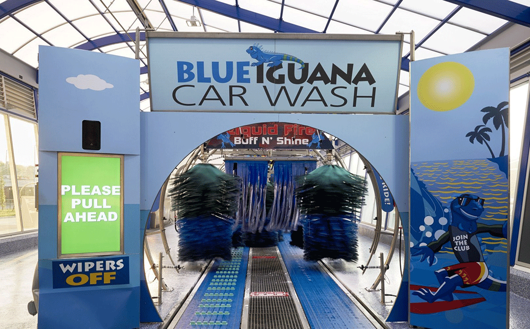 Entry to conveyer tunnel at the Blue Iguana Car Wash in Louisville, KY.