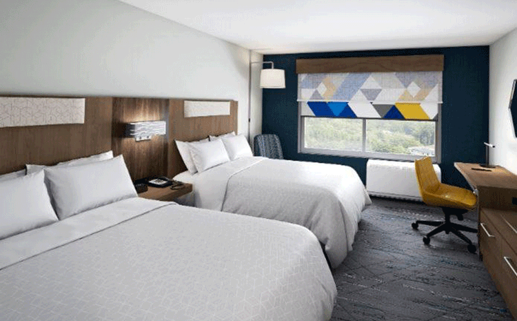 Guest bedroom in the Holiday Inn Express in Chino Hills, CA.