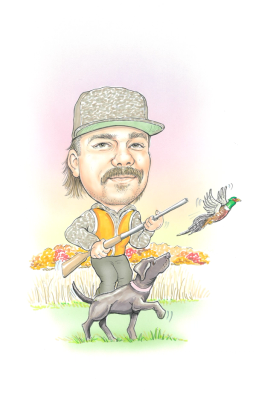 Blake Daher hunting with a dog in a field, holding a shotgun as a bird flies nearby.