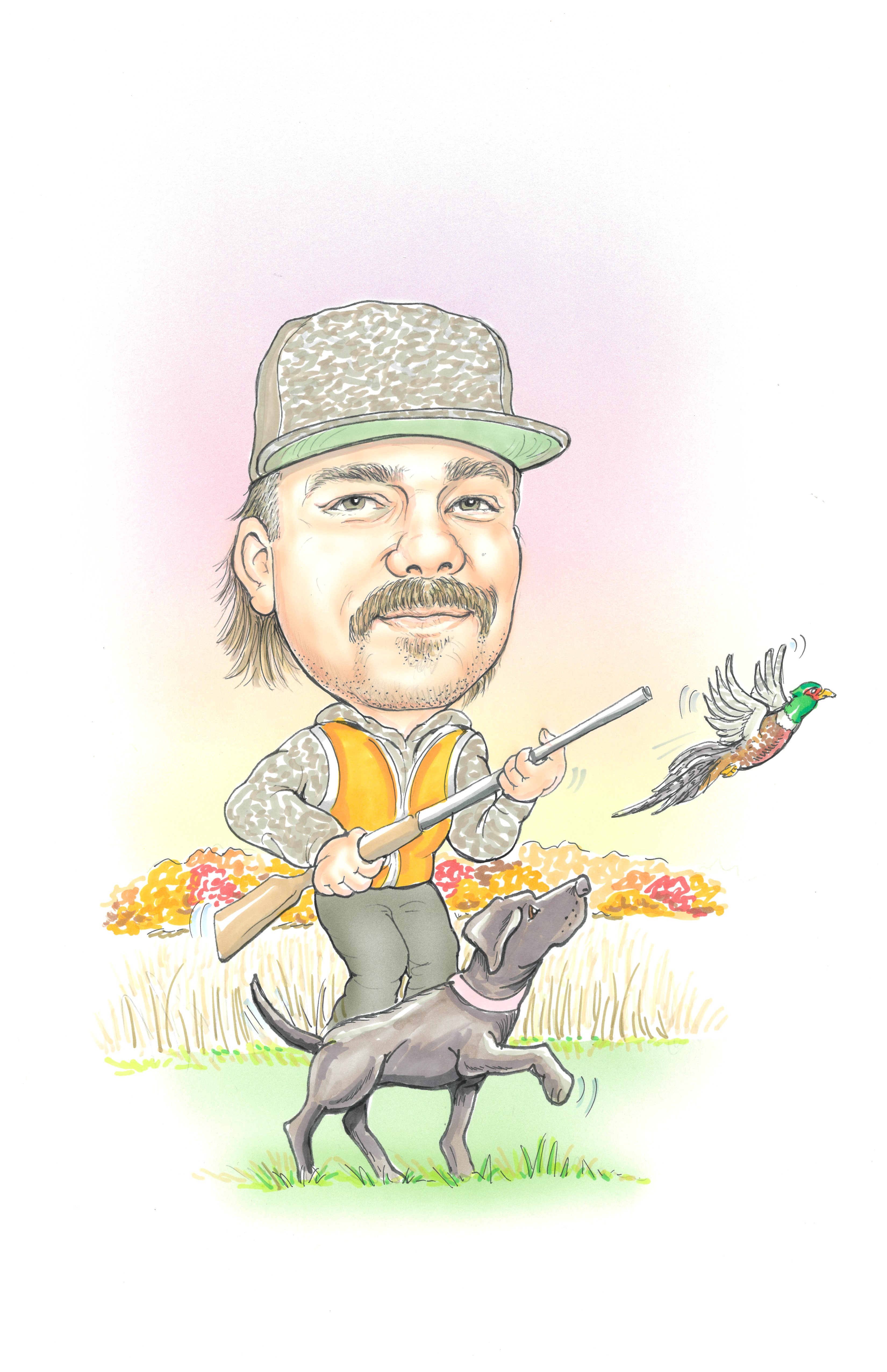 Blake Daher hunting with a dog in a field, holding a shotgun as a bird flies nearby.