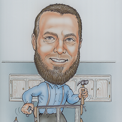 Caricature of Steve Oyler being a handy-man during a home renovation.