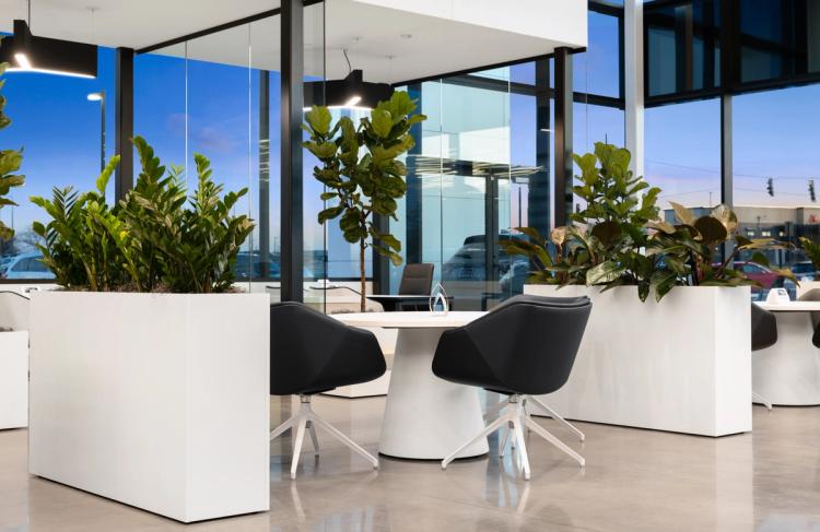 Customer seating with planters and windows.