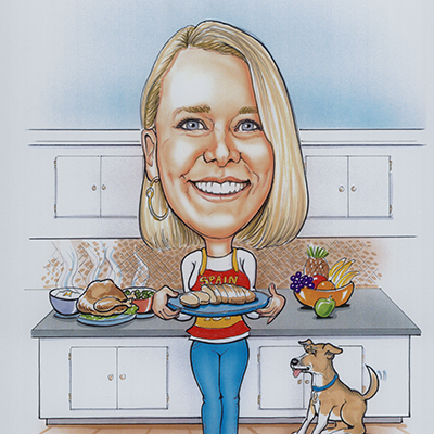 Caricature of Sierra Baumle cooking up a feast in her kitchen, with her dog by her side.