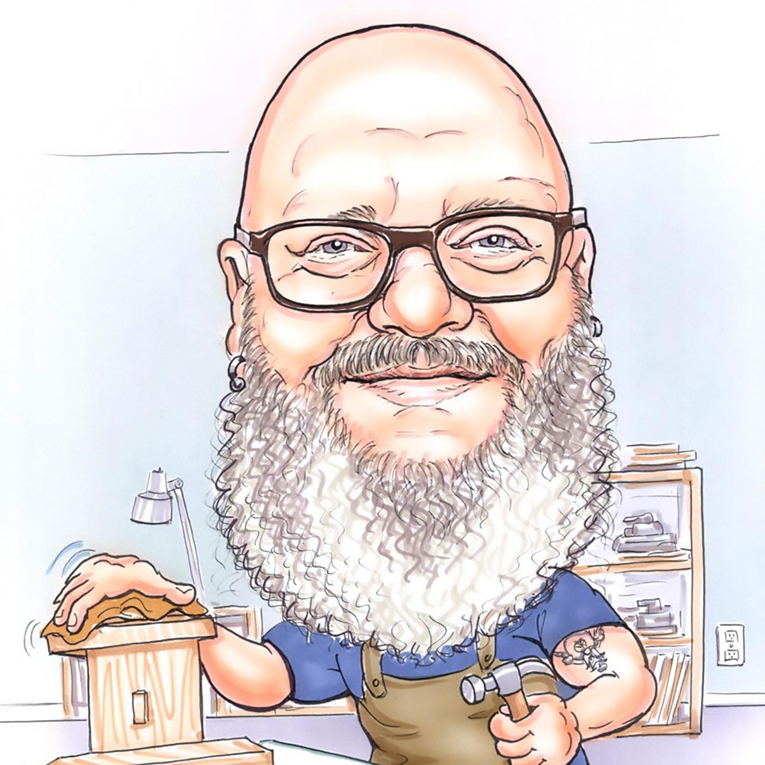 Caricature of Jay Wilson wood working, hammer in hand, building a bird house.