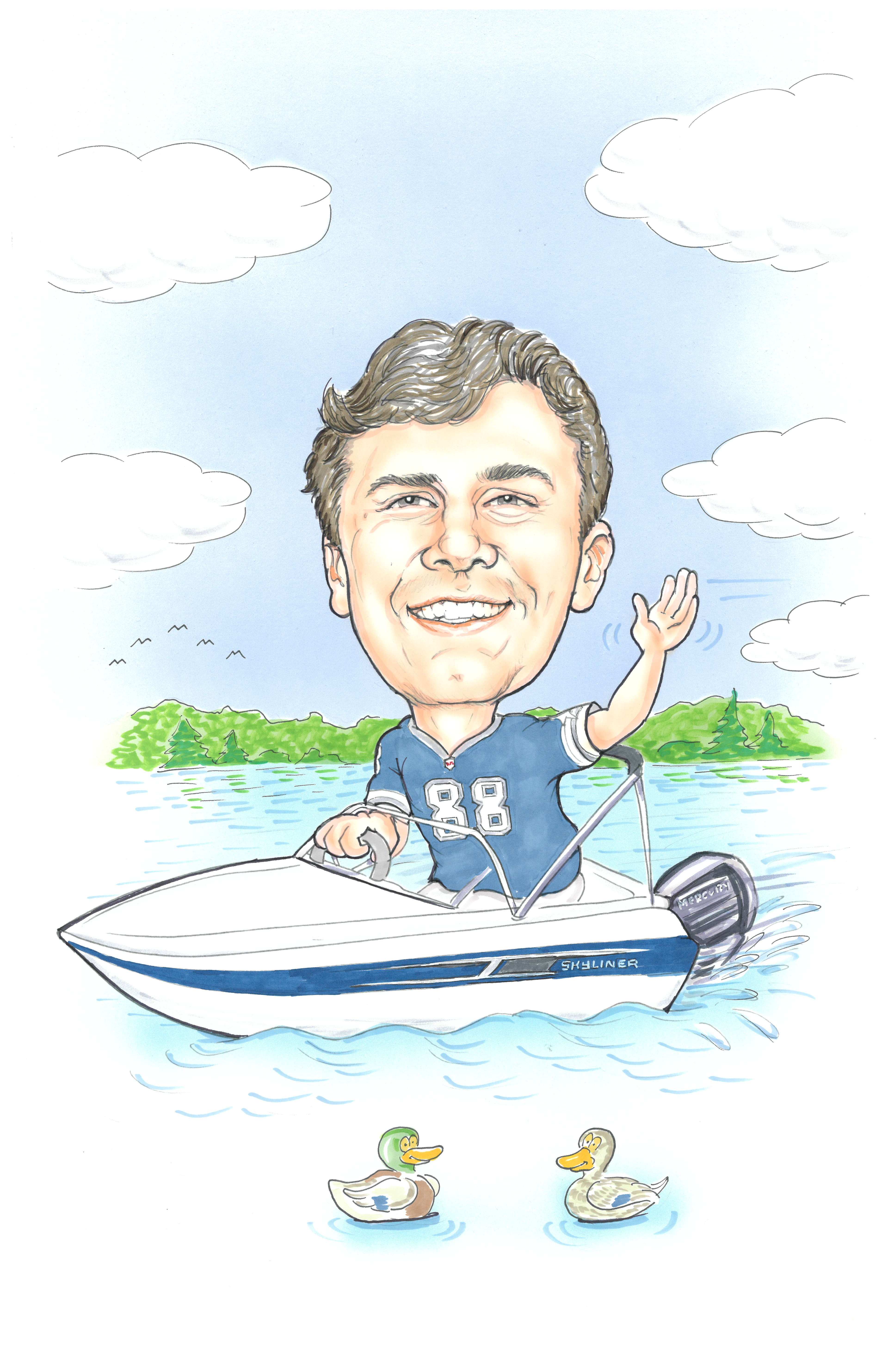 Caricature of Ben driving his boat past 2 ducklings and waving. 