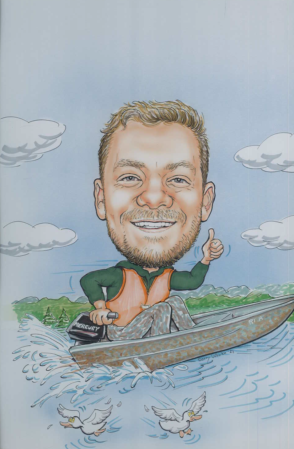 Caricature of Ben Heckman on his fishing boat Rita.