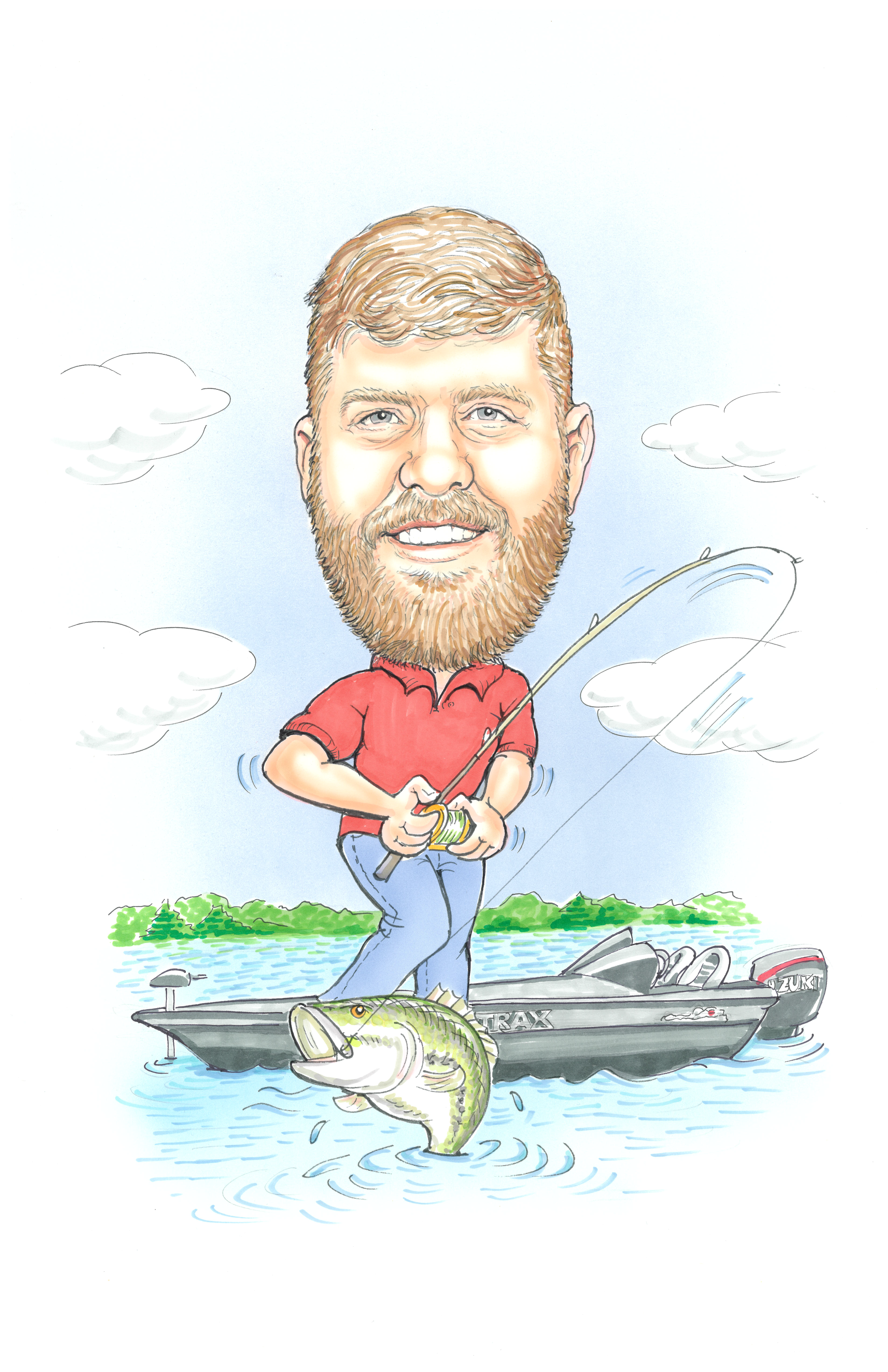 Zach Fields fishing from a boat while reeling in a large fish.