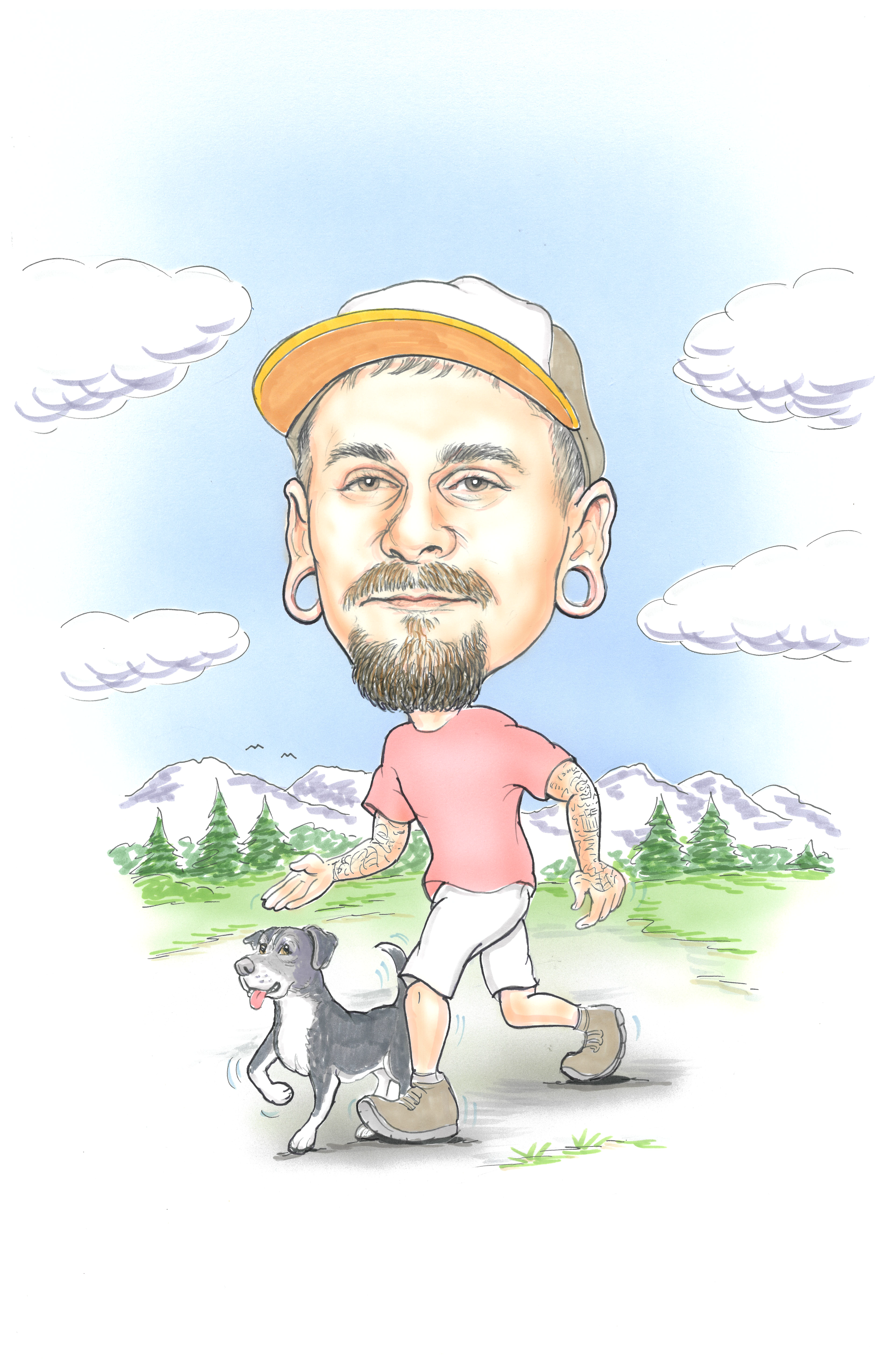 Caricature of Philip McMahan hiking with his dog through a mountain setting.