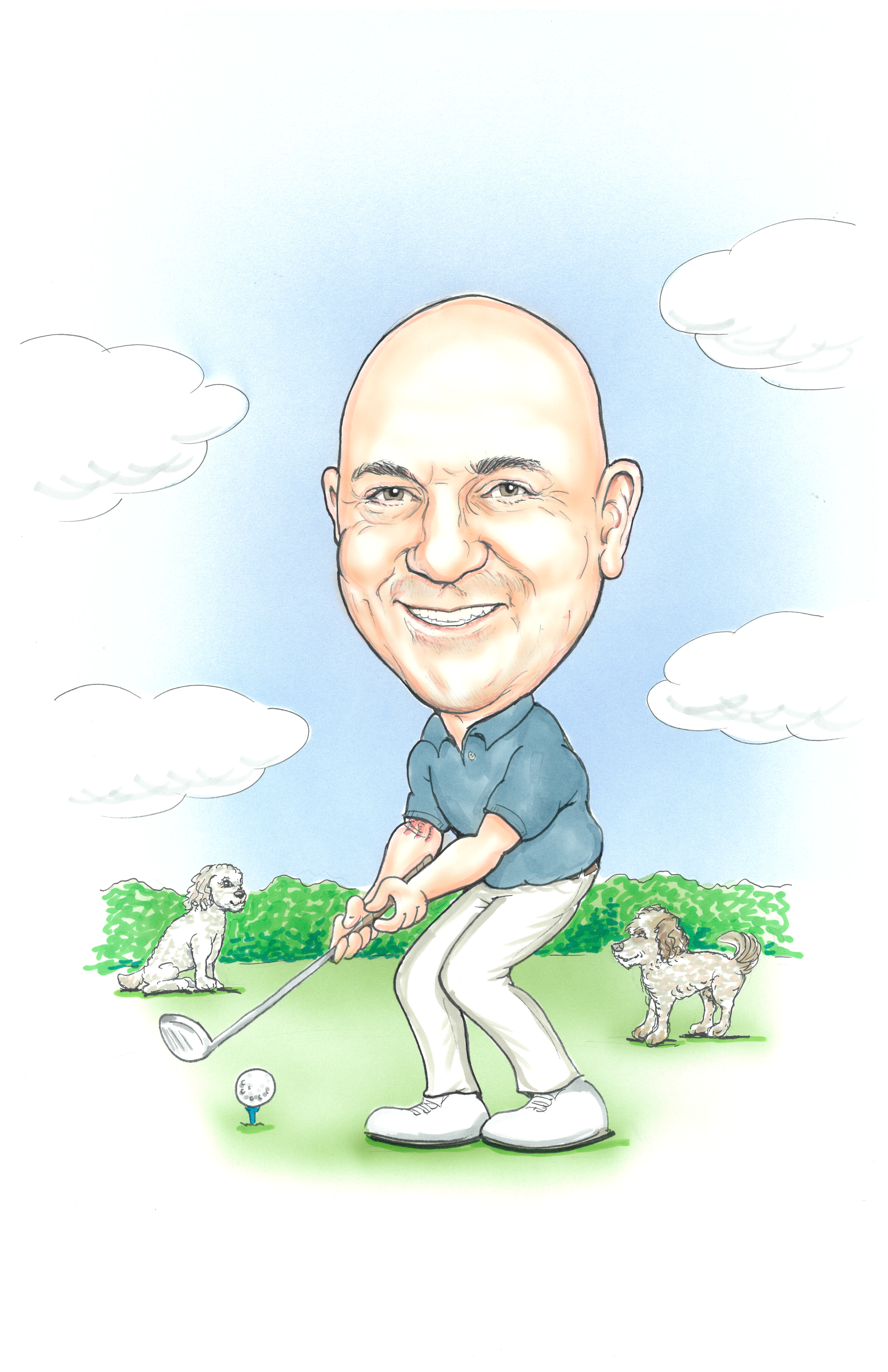 Jamie Kabalen golfing on a green with two dogs nearby.