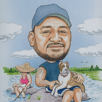 Caricature of Armando Gomez holding his dog while sitting on a rock in a lake.