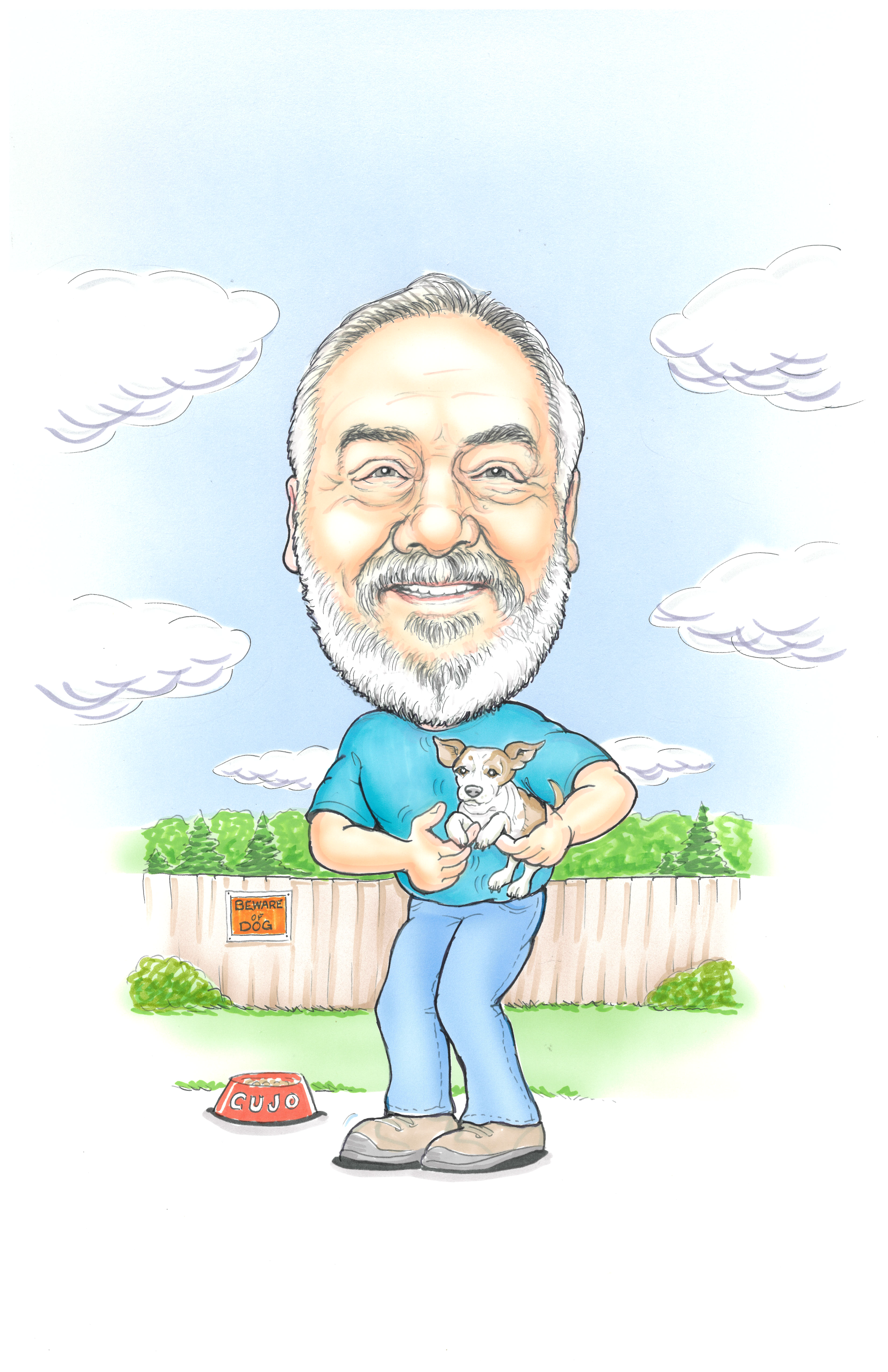 Caricature of Enos Colvin with holding his dog Cujo in his backyard.