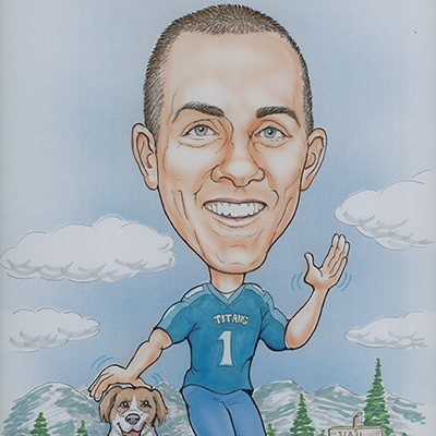 Caricature of Dan Burke petting his dog on a hike while wearing a Titans jersey.