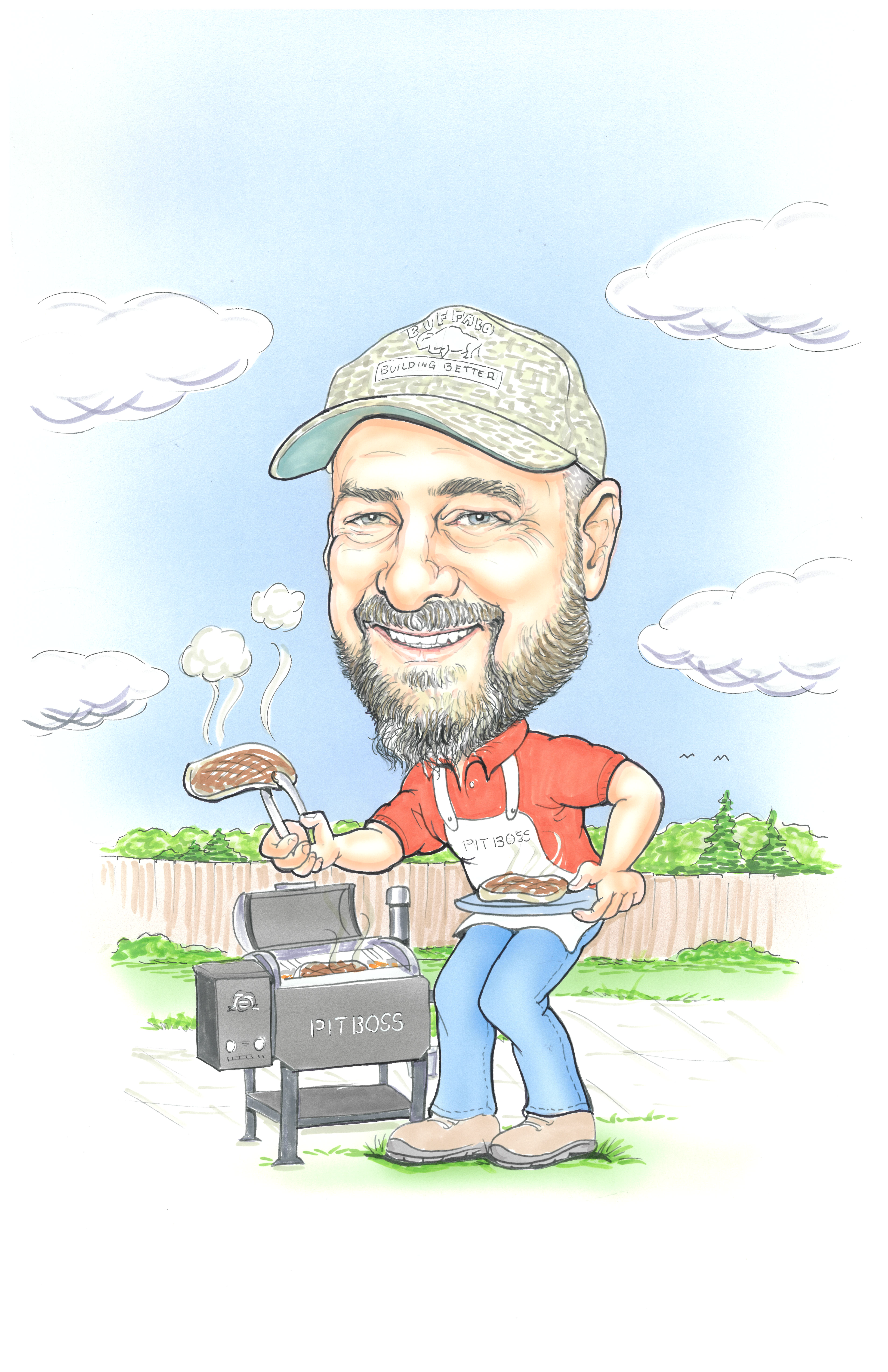 Caricature of Clay Wallace searing steaks on a grill.