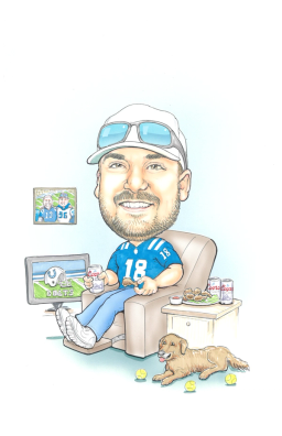 Caricature of Collin Spink sitting in a recliner with his dog by his side, wearing a colts jersey and watching a colts game on tv.