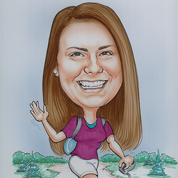 Caricature of Natalie Harrison hiking with her small gray dog.