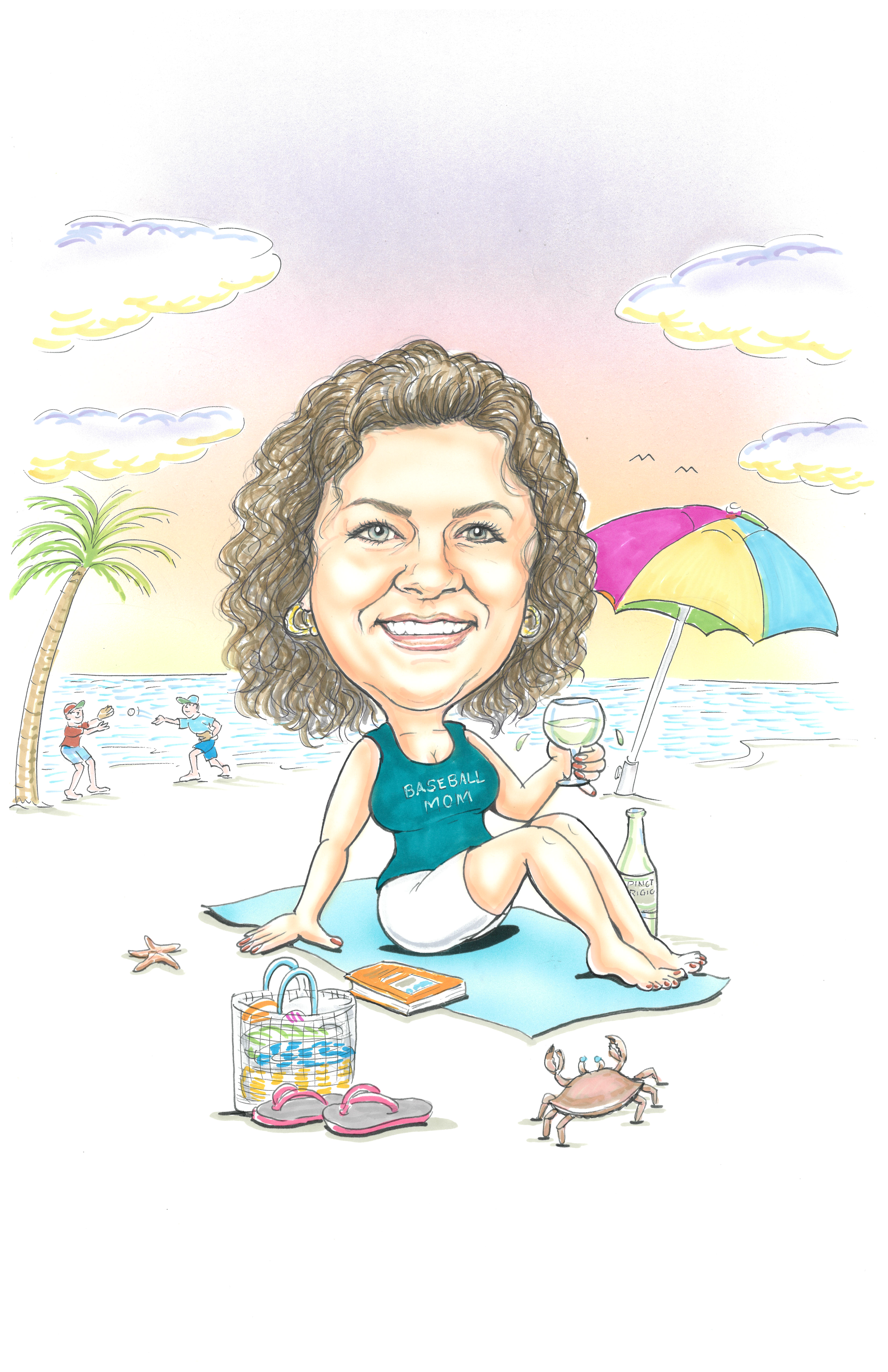 Caricature of Valeria enjoying a beverage on the beach.