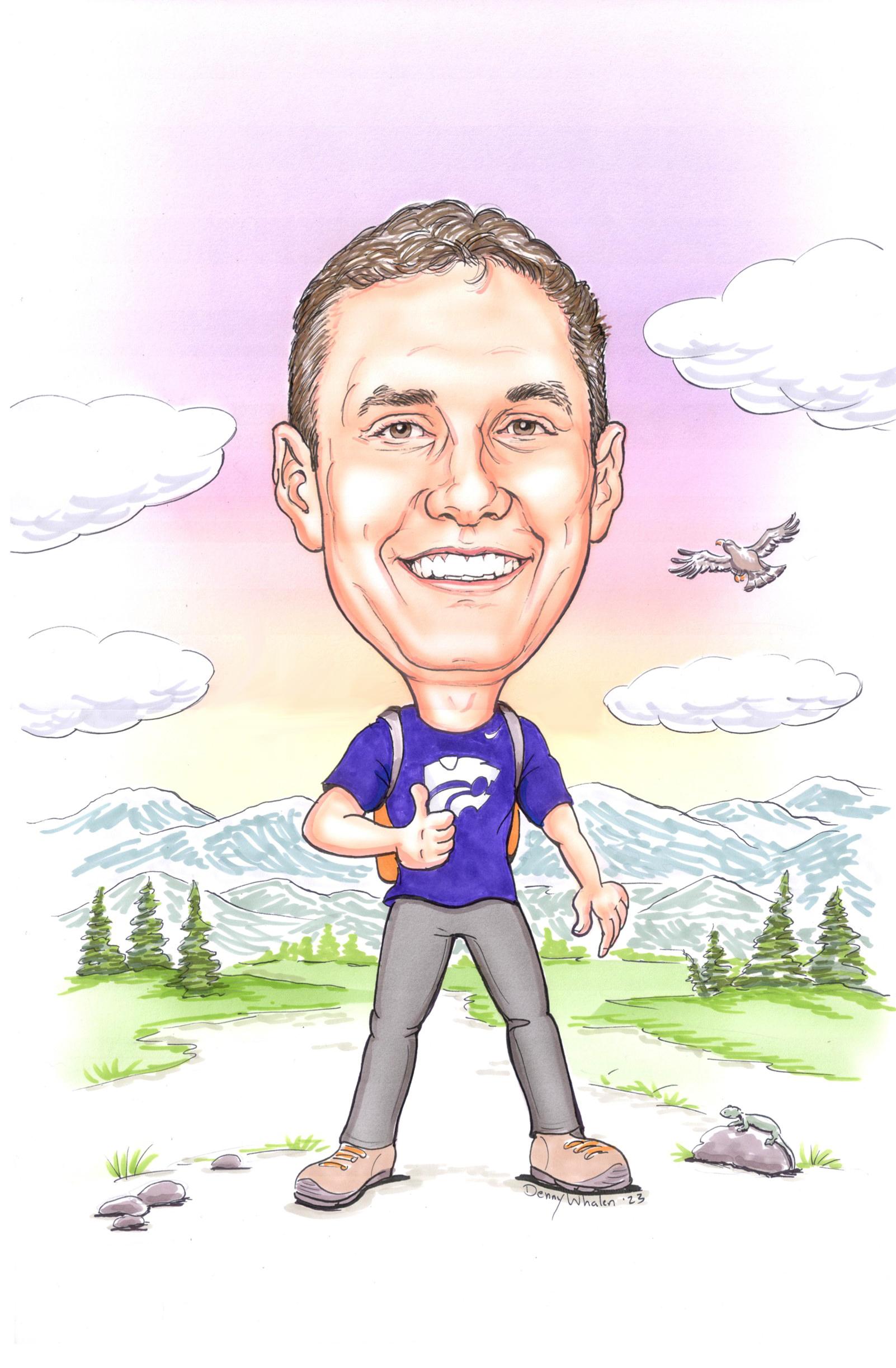 Caricature of Ryan Mayorga hiking in the mountains.