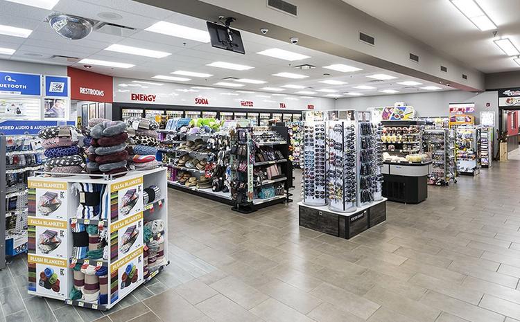 Retail aisles in the Love's Travel Stop in Madera, CA.