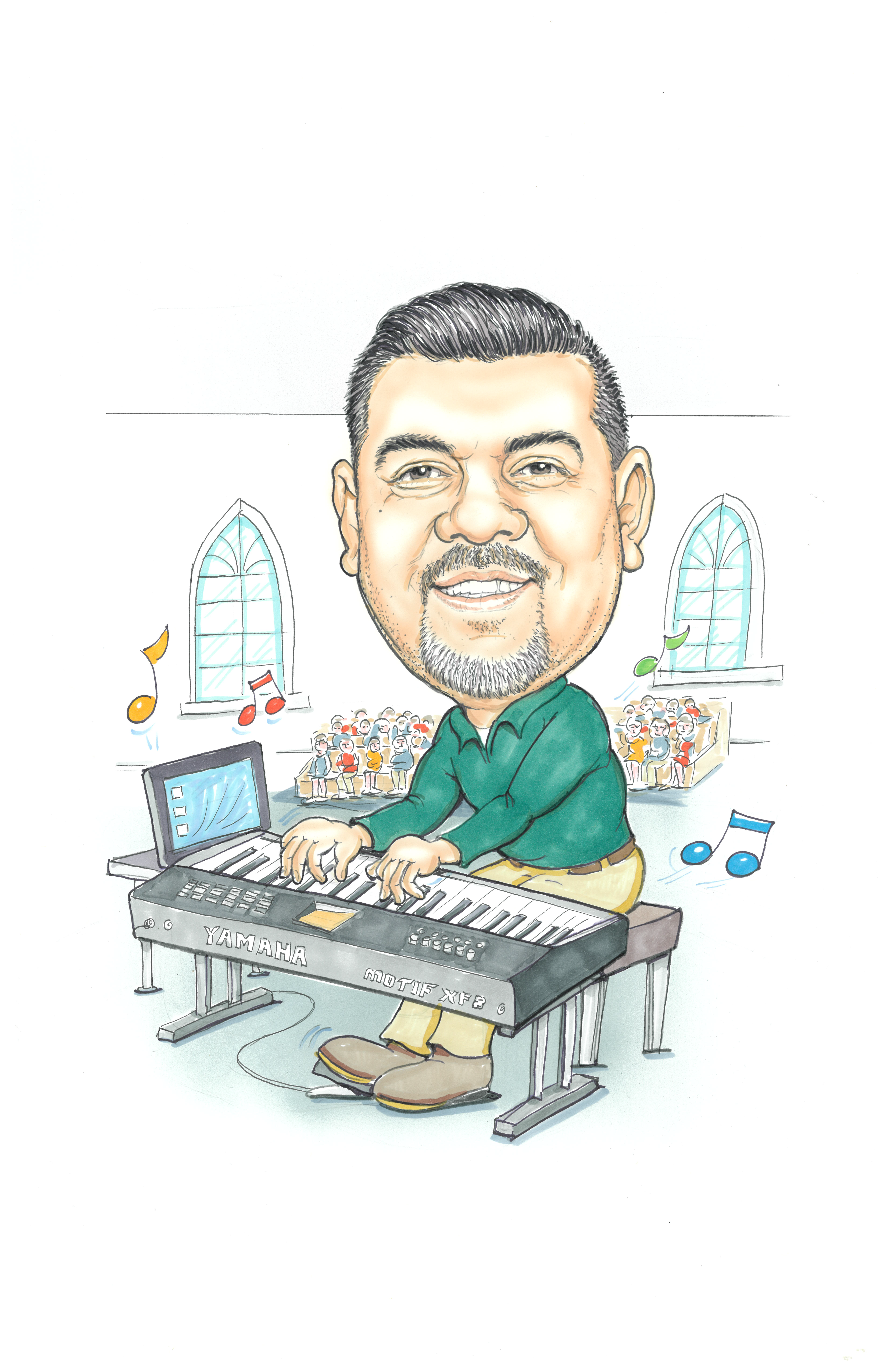 Santos Reyes playing a keyboard in front of an audience inside a church.