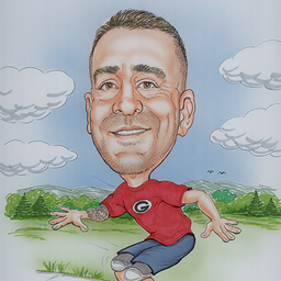 Caricature of Donny Jenkins wearing a Georgia Bulldogs t-shirt that shows off his tattoos while he skateboards.