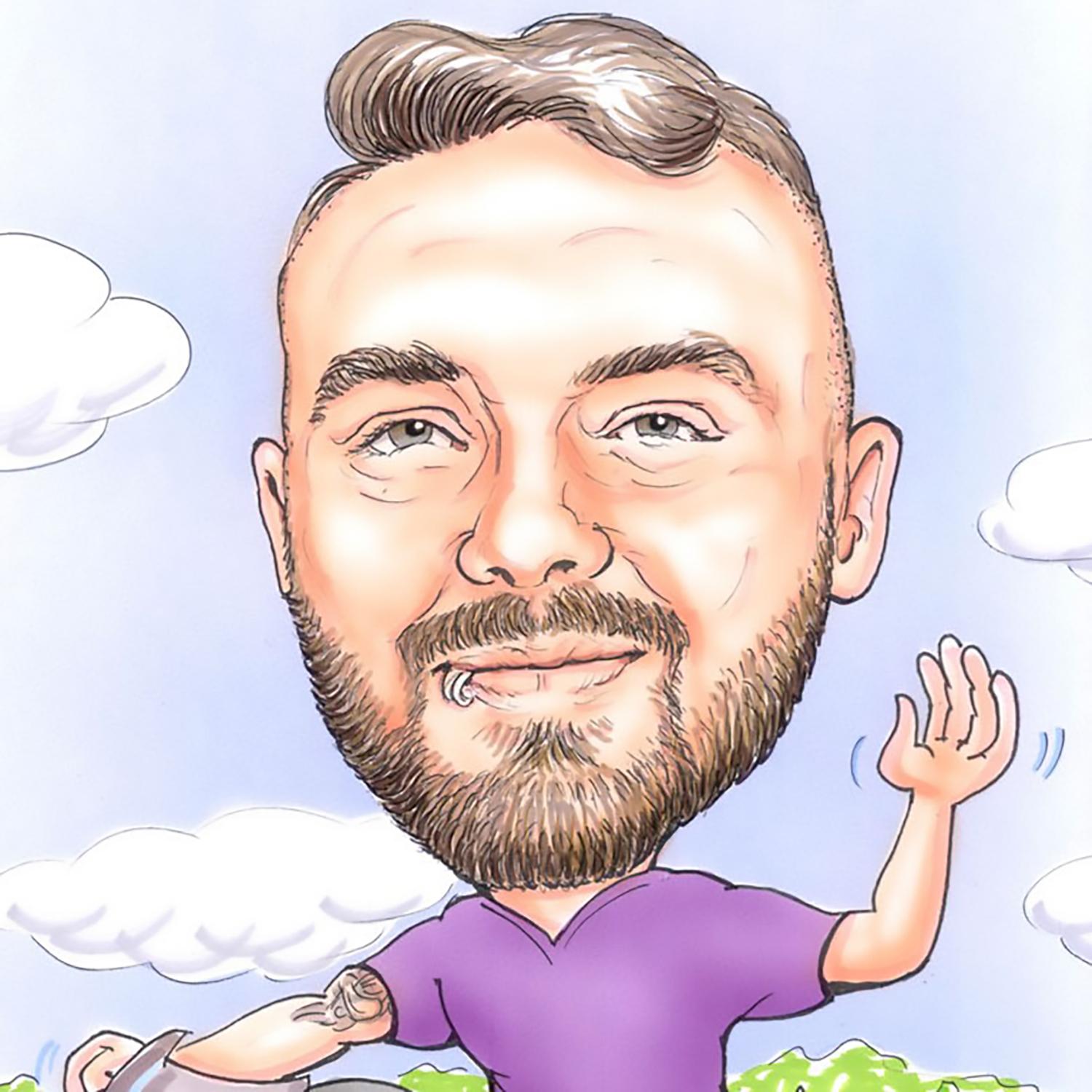 Caricature of Caleb Marcum riding his motorcycle.