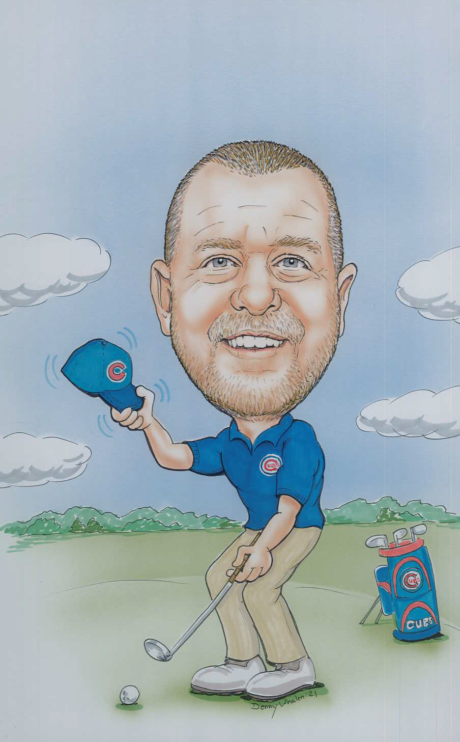 Caricature of Brad Rigney golfing with Cubs branded golf clubs, a hat and polo shirt.