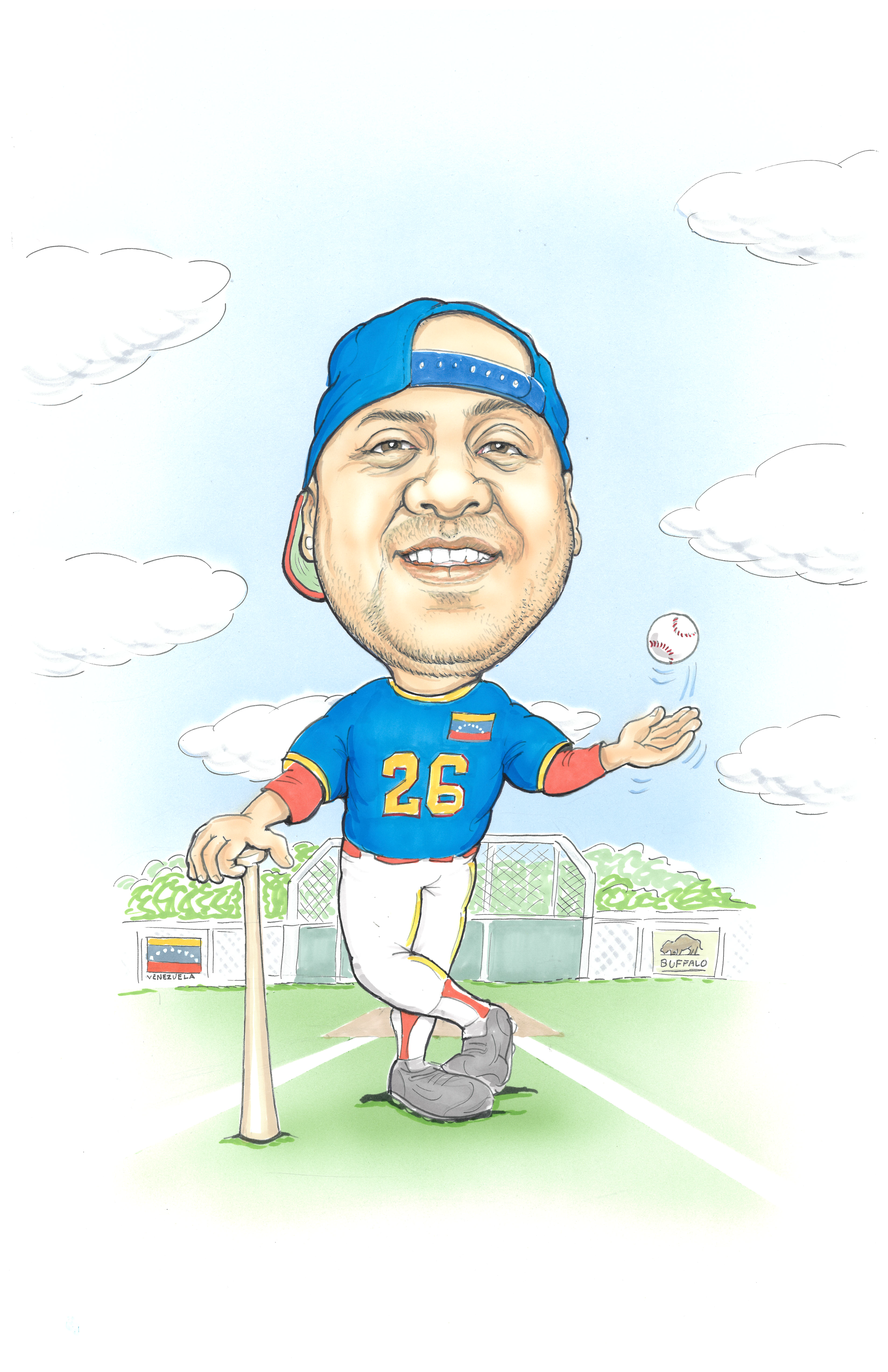 Caricature of Haxer Gamez in baseball gear, tossing a ball into the air while leaning on a baseball bat.