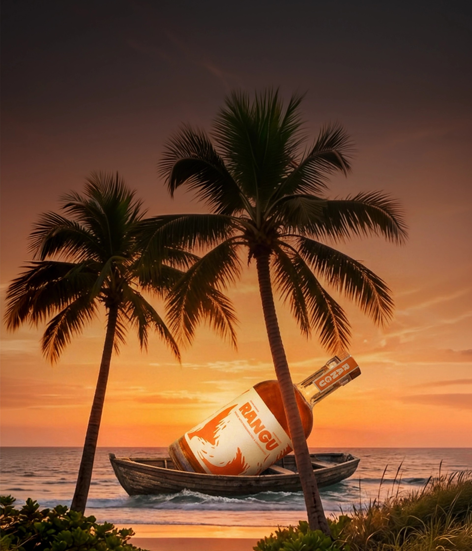 Rangu bottle washed ashore on a boat at sunset
