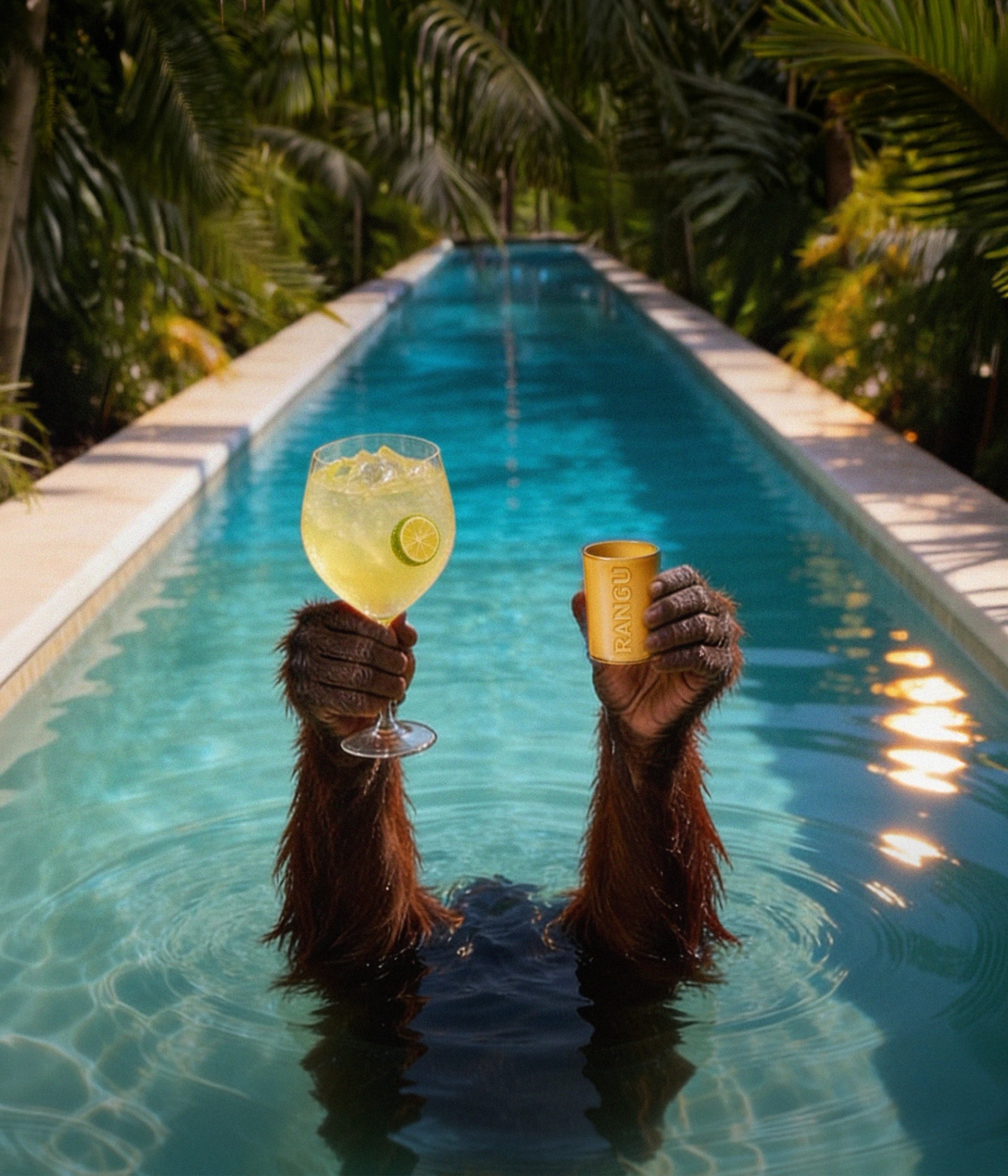 Hands holding a Rangu Spritz and Rangino by a pool at night