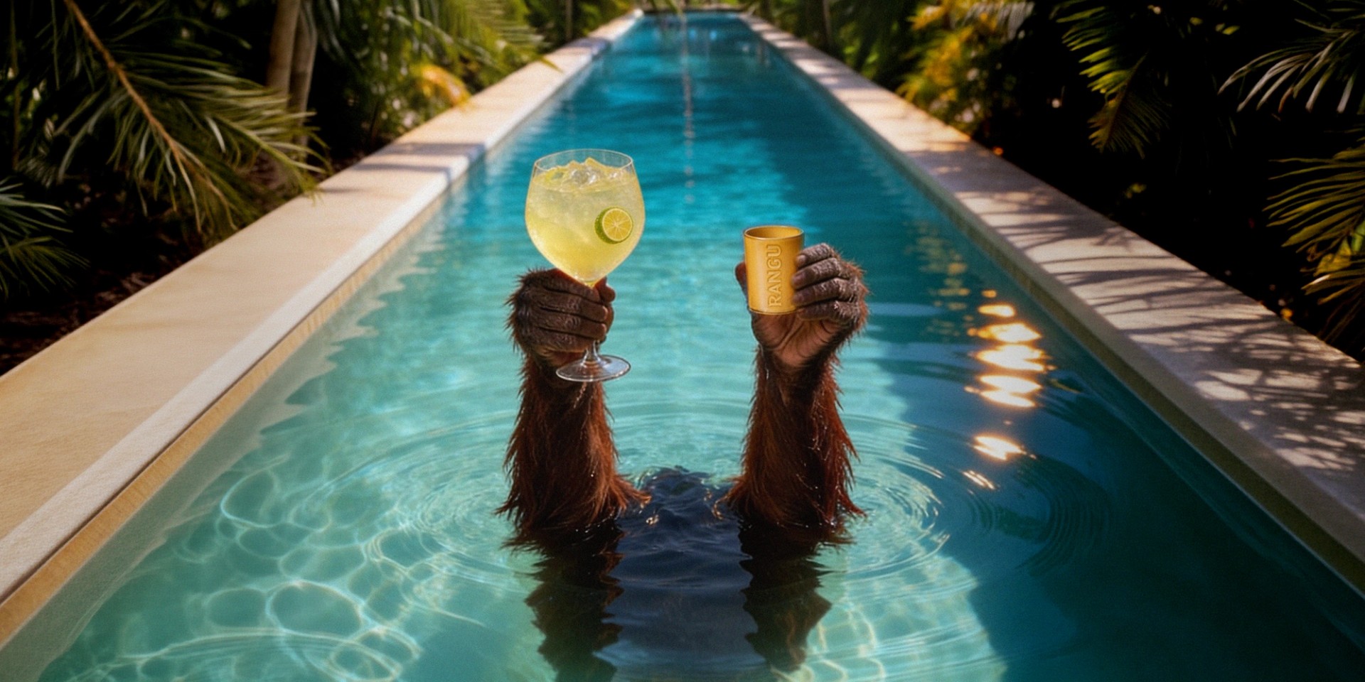 Hands holding a Rangu Spritz and Rangino by a pool at night