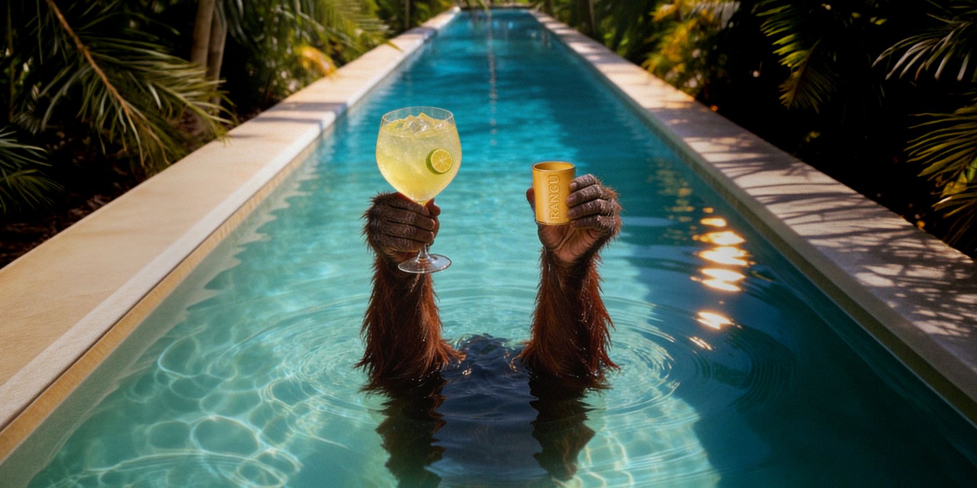 Hands holding a Rangu Spritz and Rangino by a pool at night