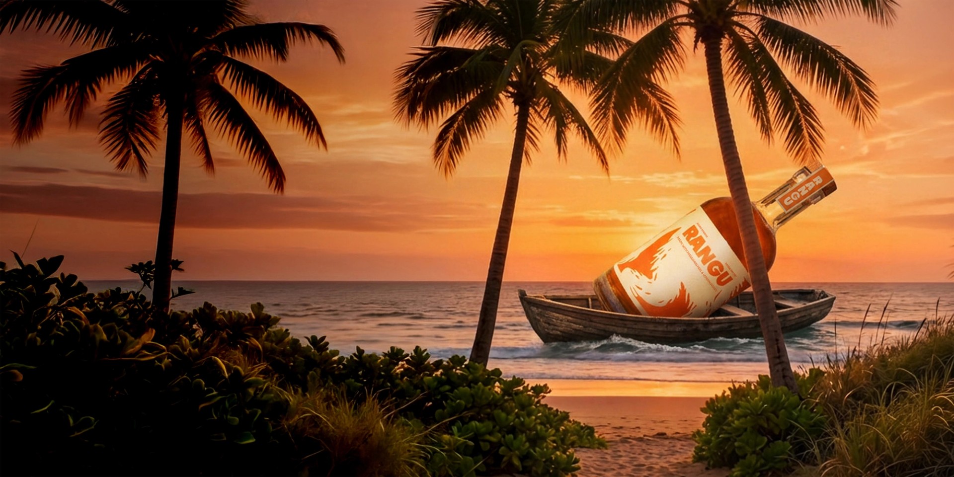 Rangu bottle washed ashore on a boat at sunset
