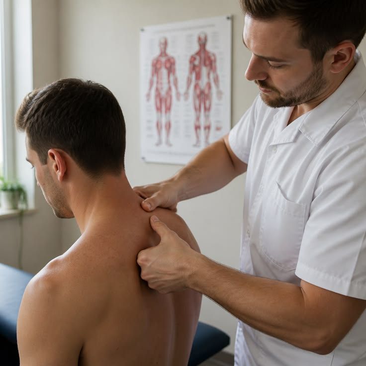 Néstor Mullet, fisioterapeuta, realizando una descarga muscular en la espalda de un paciente en Vitalita, Barranquilla