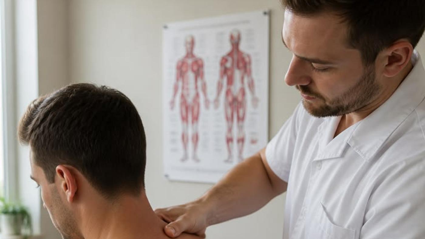 Néstor Mullet, fisioterapeuta, realizando una descarga muscular en la espalda de un paciente en Vitalita, Barranquilla