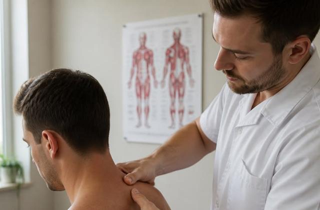 Néstor Mullet, fisioterapeuta, realizando una descarga muscular en la espalda de un paciente en Vitalita, Barranquilla