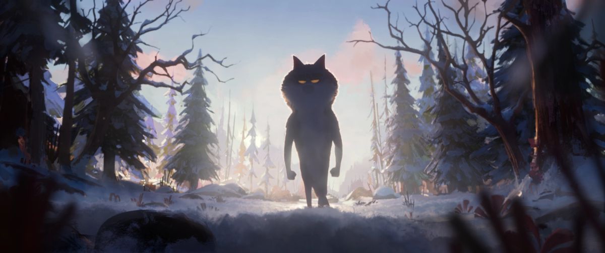 Le Loup mal-aimé seul dans une forêt enneigée, à contre-jour.