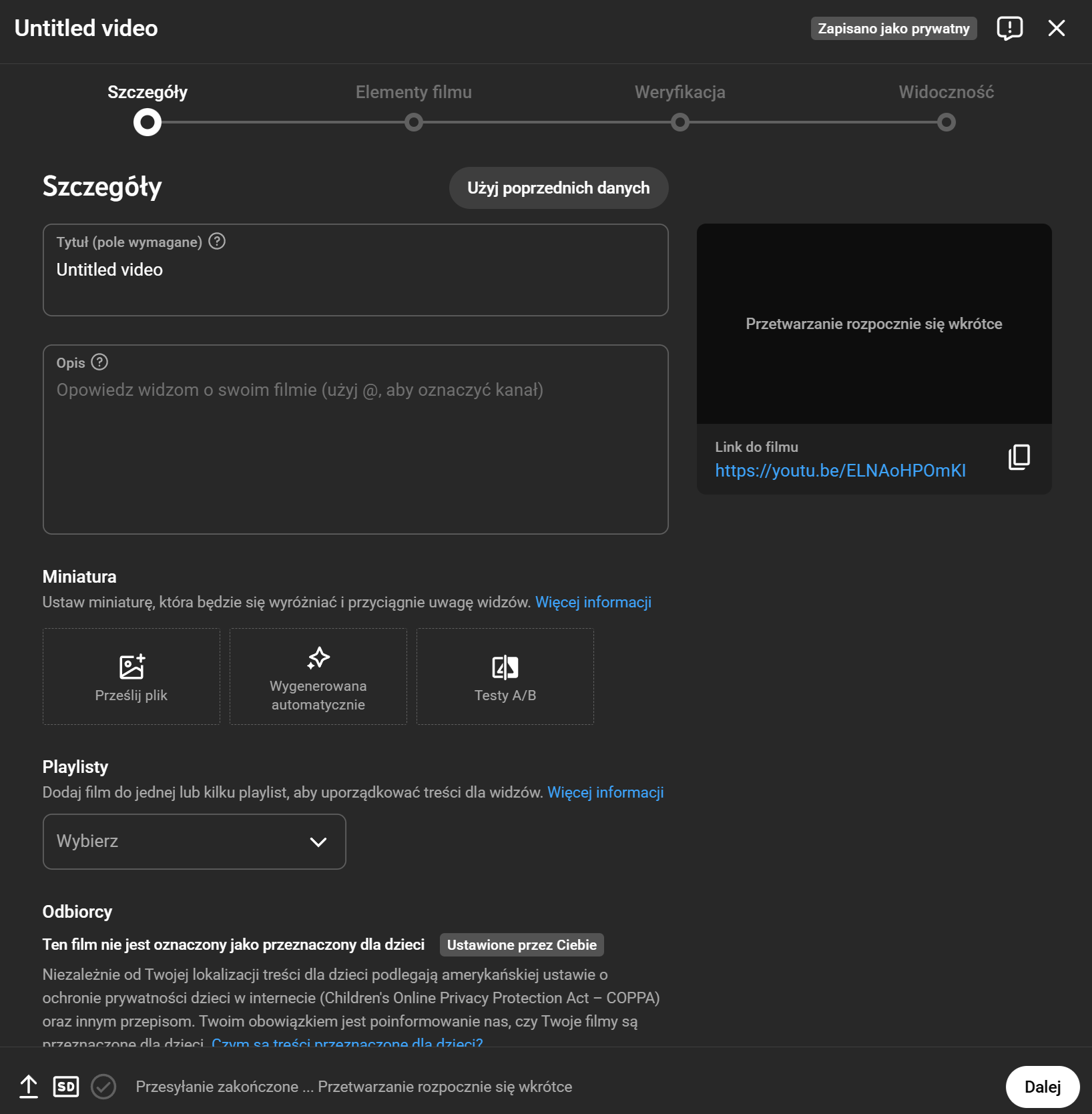 Youtube Studio Wersja robocza klipu