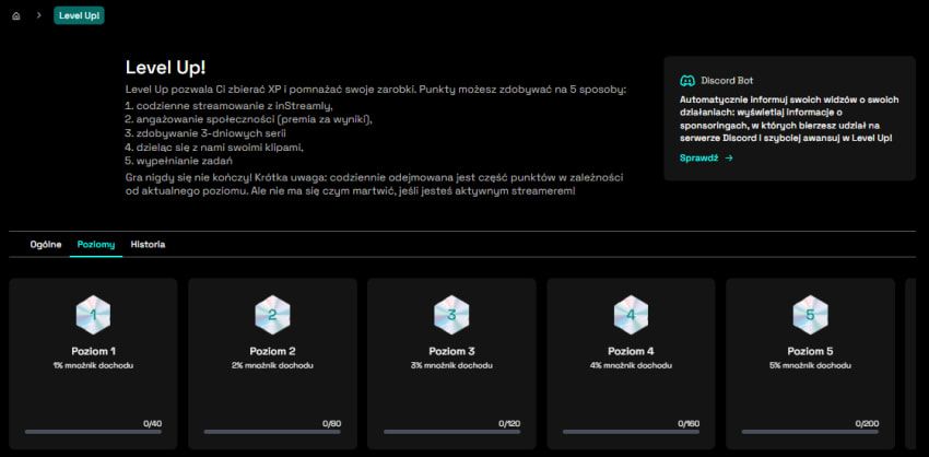 Sekcja LevelUp! w inStreamly