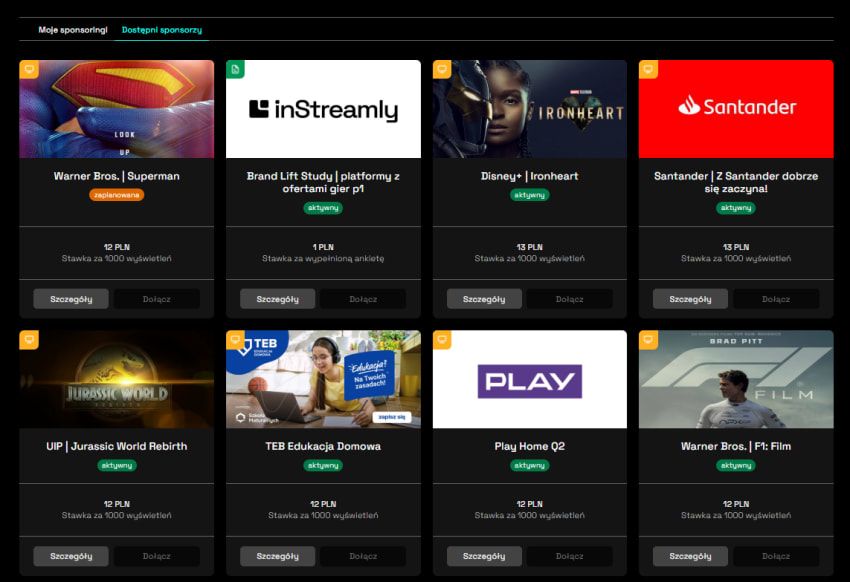 Panel sponsoringów w inStreamly