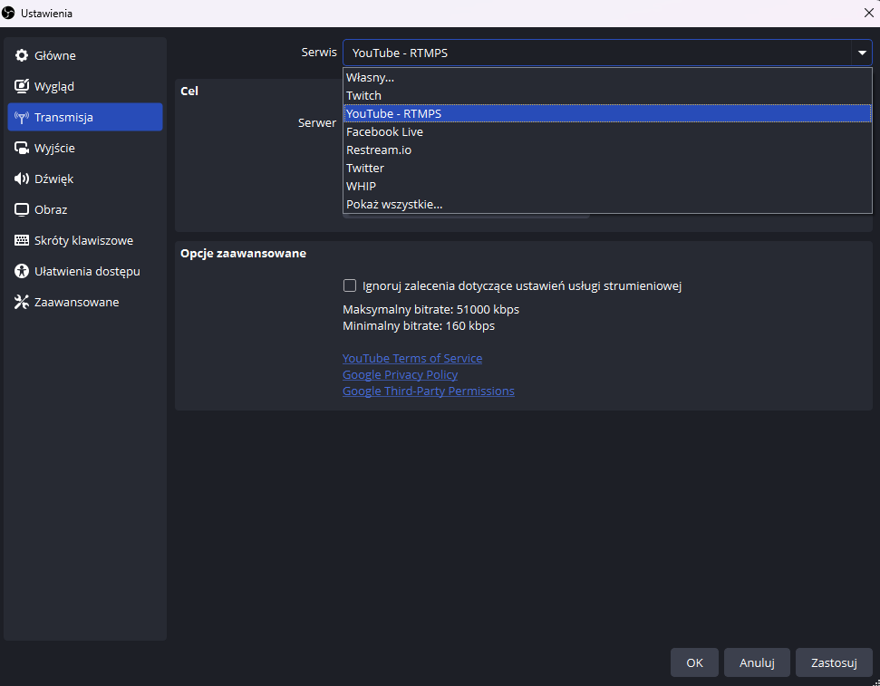 OBS - Podłączenie YouTube