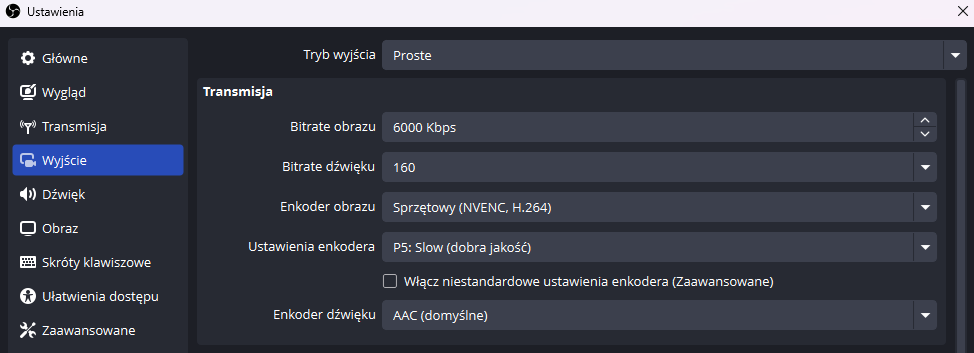 OBS Ustawienia - Output (wyjście)