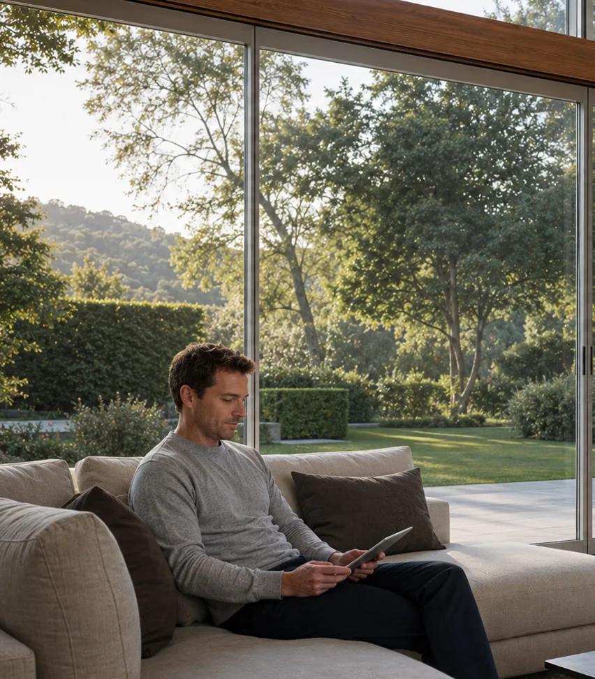 A person relaxing on a couch beside CLiC glass in its clear, transparent state — trees and a garden visible through it