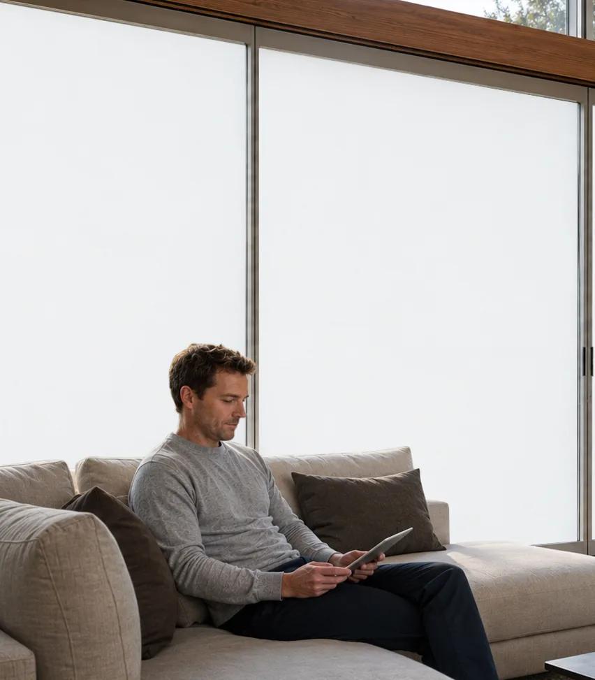 The same scene with CLiC glass switched to its frosted, translucent private state