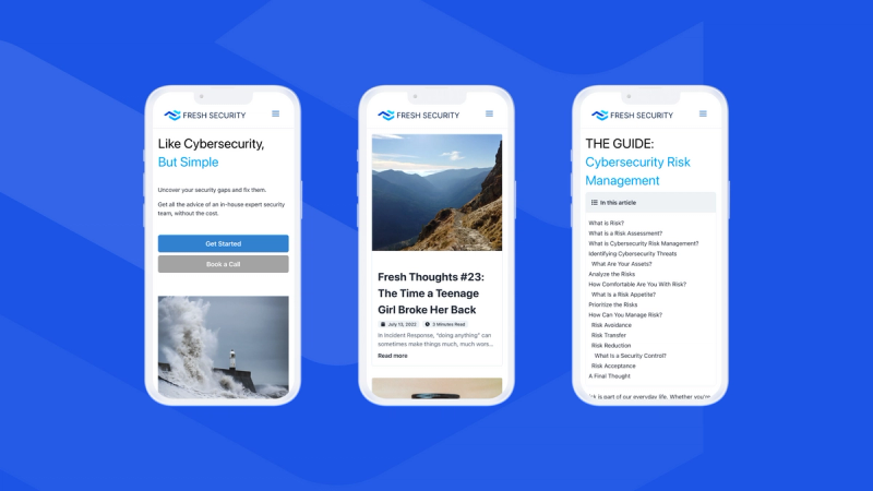 3 mobile mockups of various screenshots throughout the Freshsec website