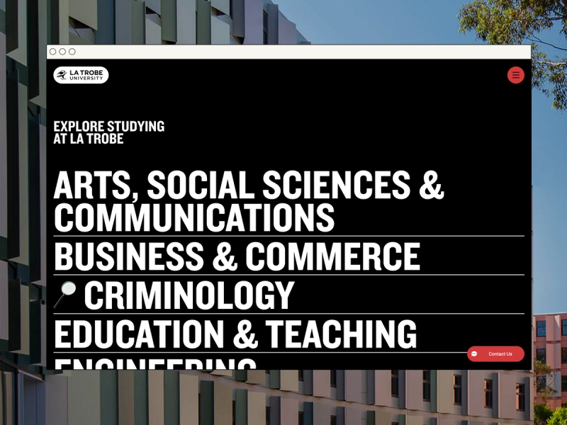 A desktop UI of the La Trobe website, showing a list of faculties.