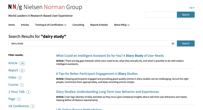 Nielsen Norman Group search results page with a query for Dairy Study, and showing multiple results for Diary Studies