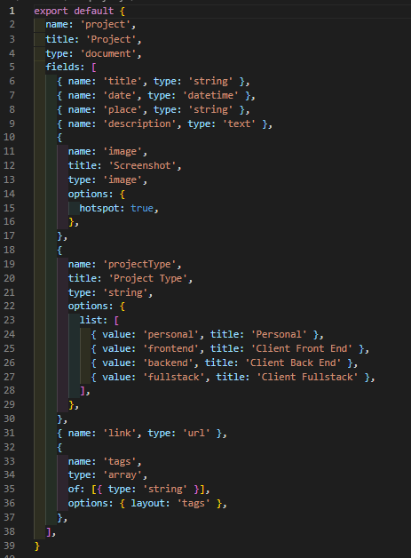 The Project Schema implemented from the CLI to create the Sanity Studio