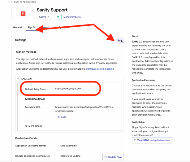 Update the default relay state to the url copied or customized earlier.